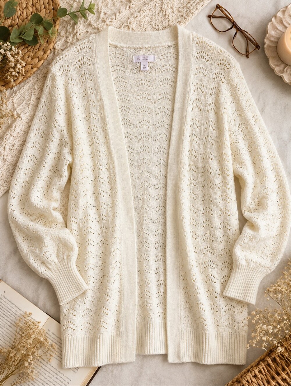 LC Lauren Conrad Open-Knit Ivory Long Cardigan